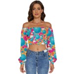 Circles Art Seamless Repeat Bright Colors Colorful Long Sleeve Crinkled Weave Crop Top