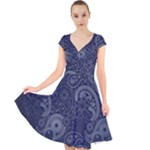 Blue Paisley Texture, Blue Paisley Ornament Cap Sleeve Front Wrap Midi Dress