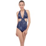Blue Paisley Texture, Blue Paisley Ornament Halter Front Plunge Swimsuit