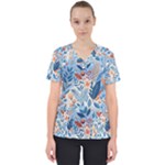 Berries Foliage Seasons Branches Seamless Background Nature Women s V-Neck Scrub Top