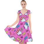 Hello Kitty, Cute, Pattern Cap Sleeve Front Wrap Midi Dress