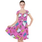 Hello Kitty, Cute, Pattern Cap Sleeve Midi Dress