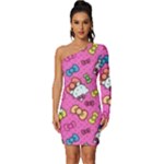 Hello Kitty, Cute, Pattern Long Sleeve One Shoulder Mini Dress