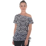 Monochrome Maze Design Print Off Shoulder Tie-Up T-Shirt