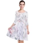 Light Grey and Pink Floral Quarter Sleeve Waist Band Dress