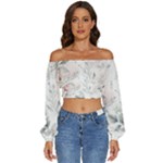 Light Grey and Pink Floral Long Sleeve Crinkled Weave Crop Top