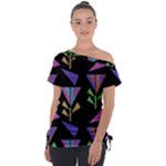 Abstract Pattern Flora Flower Off Shoulder Tie-Up T-Shirt