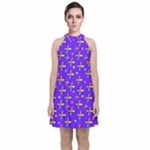 Abstract Background Cross Hashtag Velvet Halter Neckline Dress 