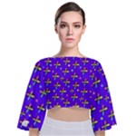 Abstract Background Cross Hashtag Tie Back Butterfly Sleeve Chiffon Top