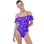 Abstract Background Cross Hashtag Frill Detail One Piece Swimsuit