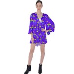 Abstract Background Cross Hashtag V-Neck Flare Sleeve Mini Dress