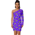 Abstract Background Cross Hashtag Long Sleeve One Shoulder Mini Dress
