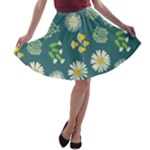 Drawing Flowers Meadow White A-line Skater Skirt