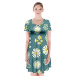 Drawing Flowers Meadow White Short Sleeve V-neck Flare Dress