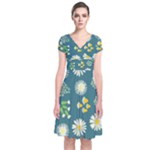 Drawing Flowers Meadow White Short Sleeve Front Wrap Dress