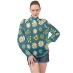 Drawing Flowers Meadow White High Neck Long Sleeve Chiffon Top