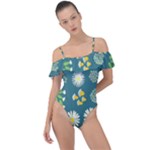 Drawing Flowers Meadow White Frill Detail One Piece Swimsuit