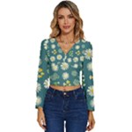 Drawing Flowers Meadow White Long Sleeve V-Neck Top
