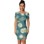Drawing Flowers Meadow White Fitted Knot Split End Bodycon Dress