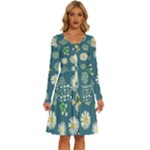 Drawing Flowers Meadow White Long Sleeve Dress With Pocket
