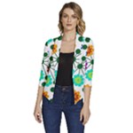 Bloom Plant Flowering Pattern Women s Draped Front 3/4 Sleeve Shawl Collar Jacket
