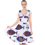 Fish Abstract Colorful Cap Sleeve Front Wrap Midi Dress