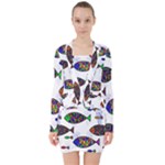 Fish Abstract Colorful V-neck Bodycon Long Sleeve Dress