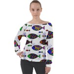 Fish Abstract Colorful Off Shoulder Long Sleeve Velour Top