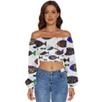 Fish Abstract Colorful Long Sleeve Crinkled Weave Crop Top