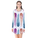 Pen Peacock Colors Colored Pattern Long Sleeve V-neck Flare Dress