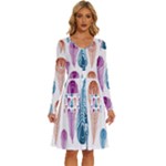 Pen Peacock Colors Colored Pattern Long Sleeve Dress With Pocket