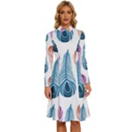 Pen Peacock Colors Colored Pattern Long Sleeve Shirt Collar A-Line Dress