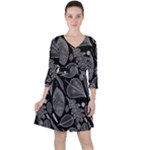 Leaves Flora Black White Nature Quarter Sleeve Ruffle Waist Dress