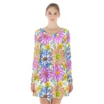 Bloom Flora Pattern Printing Long Sleeve Velvet V-neck Dress