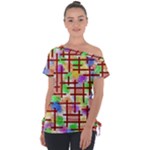 Pattern-repetition-bars-colors Off Shoulder Tie-Up T-Shirt