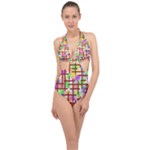 Pattern-repetition-bars-colors Halter Front Plunge Swimsuit
