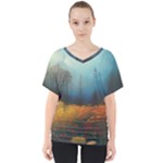 Wildflowers Field Outdoors Clouds Trees Cover Art Storm Mysterious Dream Landscape V-Neck Dolman Drape Top