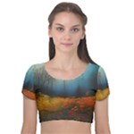 Wildflowers Field Outdoors Clouds Trees Cover Art Storm Mysterious Dream Landscape Velvet Short Sleeve Crop Top 