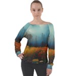 Wildflowers Field Outdoors Clouds Trees Cover Art Storm Mysterious Dream Landscape Off Shoulder Long Sleeve Velour Top