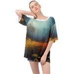 Wildflowers Field Outdoors Clouds Trees Cover Art Storm Mysterious Dream Landscape Oversized Chiffon Top