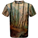 Woodland Woods Forest Trees Nature Outdoors Mist Moon Background Artwork Book Men s Cotton T-Shirt