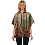 Woodland Woods Forest Trees Nature Outdoors Mist Moon Background Artwork Book Women s Batwing Button Up Shirt