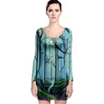 Nature Outdoors Night Trees Scene Forest Woods Light Moonlight Wilderness Stars Long Sleeve Bodycon Dress