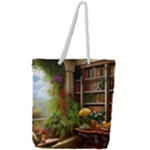 Room Interior Library Books Bookshelves Reading Literature Study Fiction Old Manor Book Nook Reading Full Print Rope Handle Tote (Large)