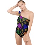 Pattern Repetition Snail Blue Frilly One Shoulder Swimsuit