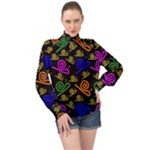 Pattern Repetition Snail Blue High Neck Long Sleeve Chiffon Top
