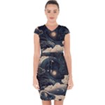 Starry Sky Moon Space Cosmic Galaxy Nature Art Clouds Art Nouveau Abstract Capsleeve Drawstring Dress 