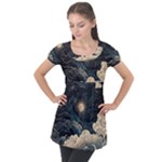 Starry Sky Moon Space Cosmic Galaxy Nature Art Clouds Art Nouveau Abstract Puff Sleeve Tunic Top