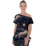 Starry Sky Moon Space Cosmic Galaxy Nature Art Clouds Art Nouveau Abstract Off Shoulder Tie-Up T-Shirt
