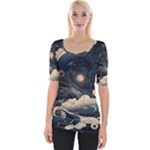 Starry Sky Moon Space Cosmic Galaxy Nature Art Clouds Art Nouveau Abstract Wide Neckline T-Shirt